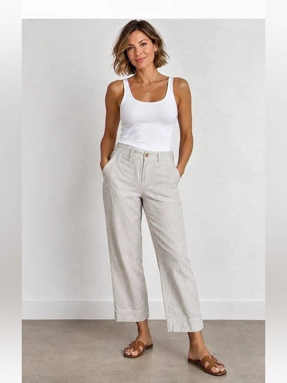 Talbots Linen Cotton Blend Pull On Drawstring Wide Leg Pants White Size 6